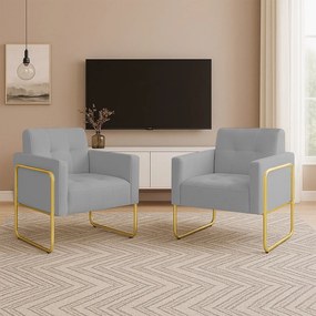 Poltrona Sala Industrial Alta Tubo Dourado Kit 2 Elisa Veludo D03 - D'Rossi - Cinza