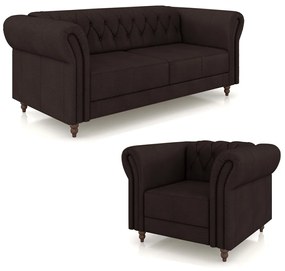 Conjunto Sala de Estar 1 Sofá Living 200cm e 1 Poltrona Stanford Chesterfield Pés Madeira Couro Marrom G58 - Gran Belo