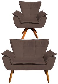 Sofá Namoradeira e Poltrona Giratória MM30 Opala Suede D03 - D'Rossi - Marrom