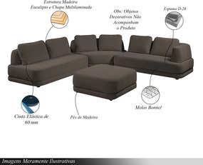 Sofá de Canto Modulado Vercelli 642cm com Almofadas Soltas e Puff Veludo Luxo Marrom  G92 - Gran Belo