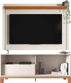Painel TV 55 Pol 150cm com Rack Bancada para Sala Visari Off White/Freijó C01 - D'Rossi