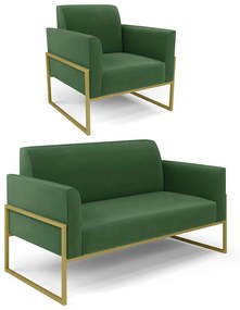 Sofá Namoradeira com Poltrona Base Industrial Alta Dourado Marisa Suede Verde