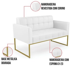 Kit 1 Sofá Namoradeira e 2 Poltronas Elisa Corino Base Metálica Industrial Dourado D03 - D'Rossi - Branco