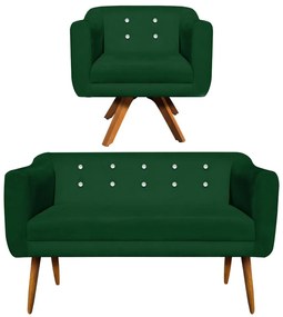 Kit 01 Namoradeira 02 Lugares e 01 Poltrona Giratória Julia Suede Verde com Strass Base Madeira MM30 D'Rossi