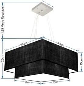 Lustre Pendente Duplo Quadrado Vivare Md-4066 Cúpula em Tecido 50x35cm Preto - Bivolt