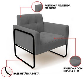 Poltrona Sala Industrial Alta Tubo Preto Elisa Suede D03 - D'Rossi - Grafite