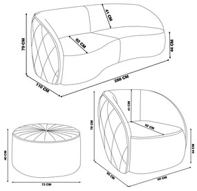 Conjunto Decorativo Sofá 288cm e Poltrona Clarke com Puff Round Veludo Rosê G45 - Gran Belo