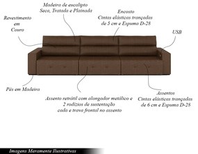 Sofá Retrátil 5 Lugares 314cm 3 Módulos Nero com USB Couro Manchado G52 - Gran Belo