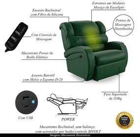 Poltrona do Papai Sala de Cinema Reclinável Kylie Power Elétrica Massagem USB PU Verde Musgo G23