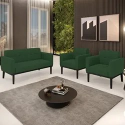 Sofá Namoradeira e 2 Poltronas Base Madeira Preto Ana Veludo Verde - I