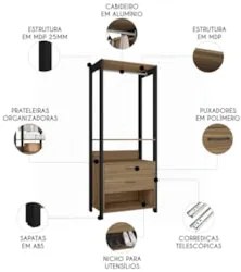 Guarda Roupa Solteiro Closet 73cm 2 Gavetas Una Mel/Preto C01 - Mpozen