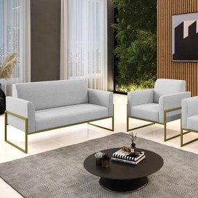 Sofá Namoradeira com Poltrona Base Industrial Alta Dourado Marisa Linho - A05 Cinza