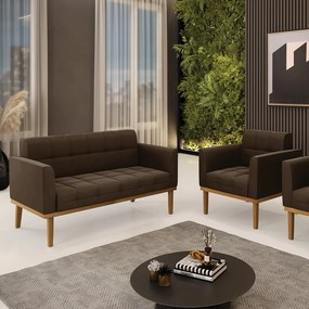Conjunto Poltrona e Namoradeira Decorativas Karen Pés Fixo em Madeira Castanho Suede Marrom 19 - Gran Belo