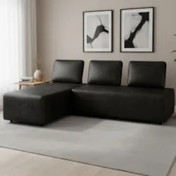 Sofá 3 Lugares Com Chaise 222cm Rovier Sintético Preto Z32 - Mpozenato