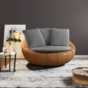 Poltrona Sala de Estar Afrodite com Almofadas Giratória Cinza Caramelo Manchado Linho/PU G45 - Gran Belo