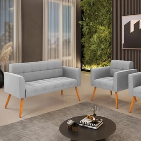 Kit 1 Sofá Namoradeira e 1 Poltrona Elisa Suede Pés Palito Castanho - D'Rossi - Cinza