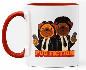 Caneca Pug Fiction Dog Cachorro Geek Nerd Branca com Alça Marrom