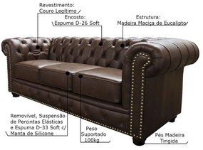 Sofá 3 Lugares Sala de Estar 235cm Chesterfield Pés Madeira Couro Marrom G40 - Gran Belo
