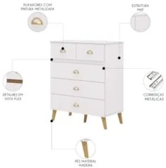 Cômoda Para Quarto 91cm 5 Gavetas Gaby Flex Branco/Camarim V02 - Mpoze