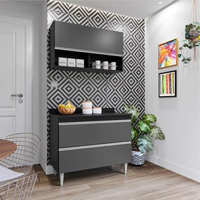 Conjunto Balcão de Cozinha com Tampo Armário Aéreo Wollo MDP/BP Preto/Grafite G96 - Gran Belo