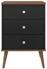 Mesa Cabeceira 35cm 3 Gavetas Pés Palito Thames Preto/Freijó E05 - Mpo