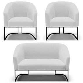 Sofá Namoradeira e 2 Poltronas Base Industrial Preto Stella Linho D03 - D'Rossi - A05 Cinza
