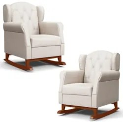 Kit 02 Poltronas Amamentação Base Madeira Balanço Lucy Z39 Suede Bege