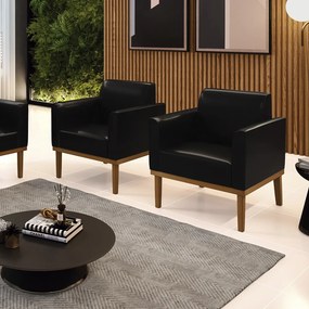 Kit 2 Poltronas Decorativas Isabella Pés Fixo em Madeira Castanho PU Preto Brilho G19 - Gran Belo