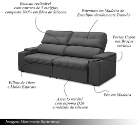 Sofá Retrátil e Reclinável 3 Lugares 230cm Zoho Porta Copos no Braço Veludo Grafite G22 - Gran Belo