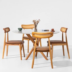 Conjunto Mesa de Jantar Thai Redonda Vidro Off White - 1,20m + 4 Cadeiras Dalí Palha Larga PU - Cognac