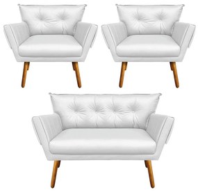 Kit 01 Namoradeira e 02 Poltronas Anitta Corino Pés Palito Castanho D03 - D'Rossi - Branco