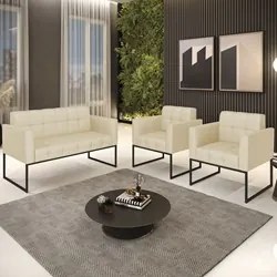 Sofá Namoradeira e 2 Poltronas Base Industrial Preto Ana Veludo Luxo O