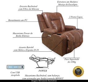 Poltrona do Papai Reclinável Sala de Cinema Crihs Elétrica Botão Led Porta Copos USB PU Marrom Brilho G23