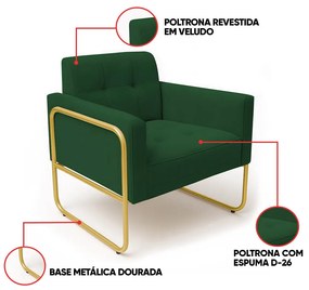 Poltrona Sala Industrial Alta Tubo Dourado Elisa Veludo D03 - D'Rossi - Verde