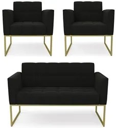 Sofá Namoradeira e 2 Poltronas Base Industrial Dourado Ana Suede Preto