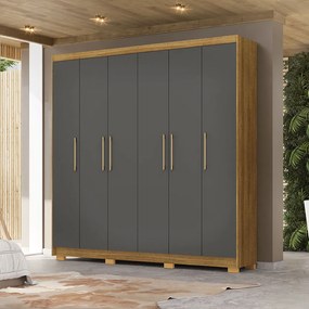 Guarda Roupa Casal Madesa 6 Portas Bater 6 Gavetas com Cabideiros Ajustáveis MDF Nature/Chumbo G98 Gran Belo
