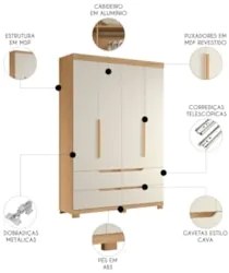 Guarda Roupa Solteiro 160cm 4 Portas Doble Off/Freijó - Albatroz