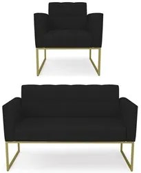 Sofá Namoradeira e 1 Poltrona Base Industrial Dourado Ana Linho Preto