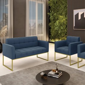 Kit 1 Sofá Namoradeira e 1 Poltrona Elisa Suede Base Metálica Industrial Dourado - D'Rossi - Azul Marinho