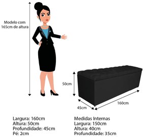 Calçadeira Estofada Liverpool 160 cm Queen Size Suede Preto - ADJ Decor