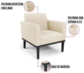 Poltrona Base de Madeira Fixa Preto Marisa Linho - A19 Bege