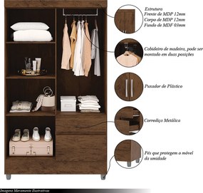 Guarda Roupa Solteiro Abruzzo 4 Portas de Bater 2 Gavetas com Cabideiro Nogueira G98 - Gran Belo