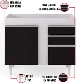 Balcão de Cozinha Lavanderia sem Tampo 02 Gavetas Bia 100 cm L06 - D'Rossi - Branco e Preto