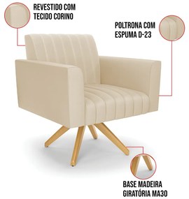 Poltrona Giratória Viena Gomada Corino Base de Madeira MA30 D03 - D'Rossi - Bege
