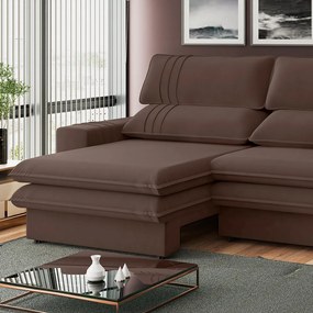 Sofá 2 Lugares Retrátil Noruega 230 cm Veludo Marrom Pés Tabaco - D'Rossi