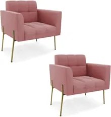 Poltrona Para Sala Pé Metal Dourado Kit 2 Ana Suede Rosê - Ibiza