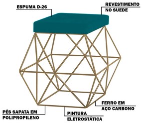 Puff Decorativo Sala de Estar Base Gold Trixie Suede Azul Claro G41 - Gran Belo