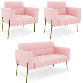 Sofá Namoradeira e 2 Poltronas Pé de Ferro Dourado Elisa Suede D03 - D'Rossi - Rosa Bebê