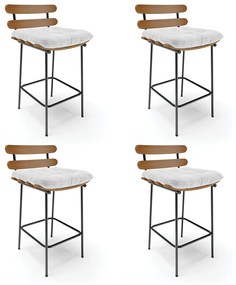 Kit 04 Banquetas Costela Corano Branco Base Metálica Preto - D'Rossi