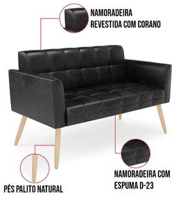 Kit 1 Sofá Namoradeira e 1 Poltrona Elisa Corano Preto Pés Palito Natural D03 - D'Rossi